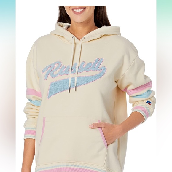 Russell Athletic Tops - RUSSELL SCRIPT HOODIE Boyfriend Fit VINTAGE WHITE NWT